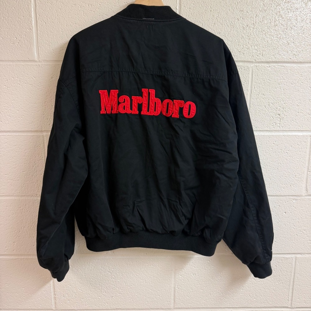 Marlboro Mens Reversible Embroidered Logo Bomber Jacket L Red Black Vintage 90s